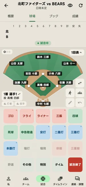 打席ごとの記録の画面